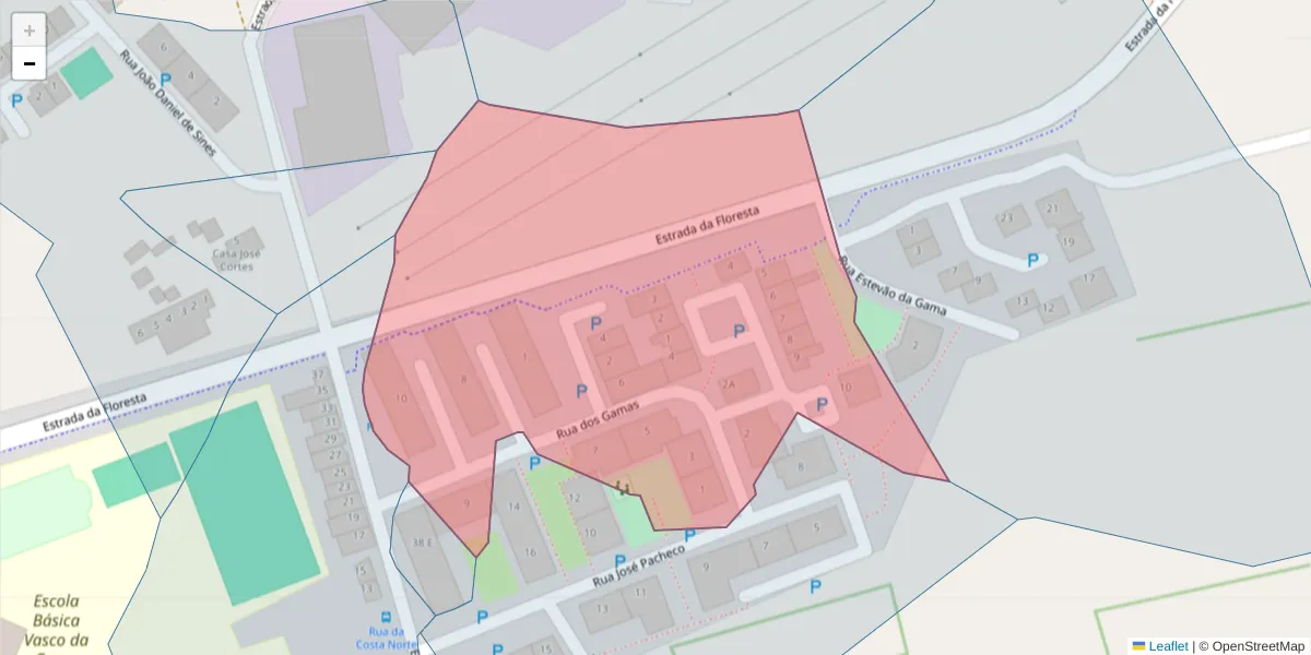 Mapa detalhado do código postal 7520-206 com limites, códigos postais vizinhos e agências dos correios