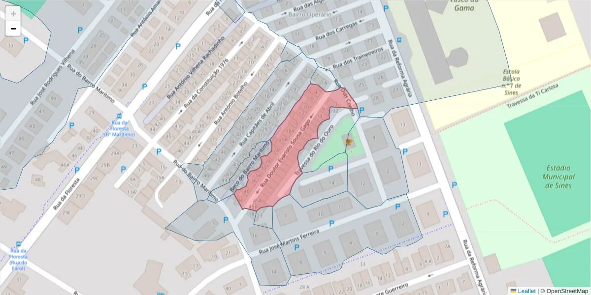 Mapa detalhado do código postal 7520-208 com limites, códigos postais vizinhos e agências dos correios