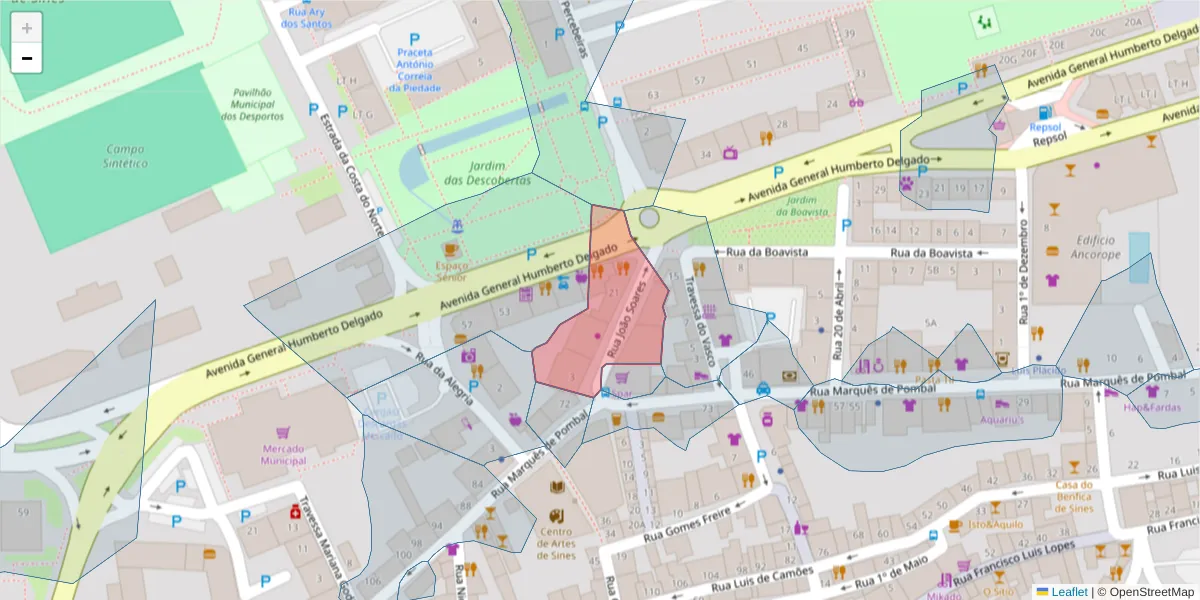 Mapa detalhado do código postal 7520-216 com limites, códigos postais vizinhos e agências dos correios