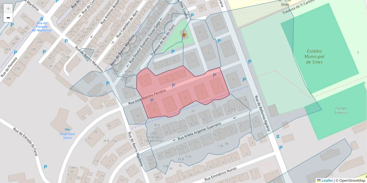 Mapa detalhado do código postal 7520-217 com limites, códigos postais vizinhos e agências dos correios