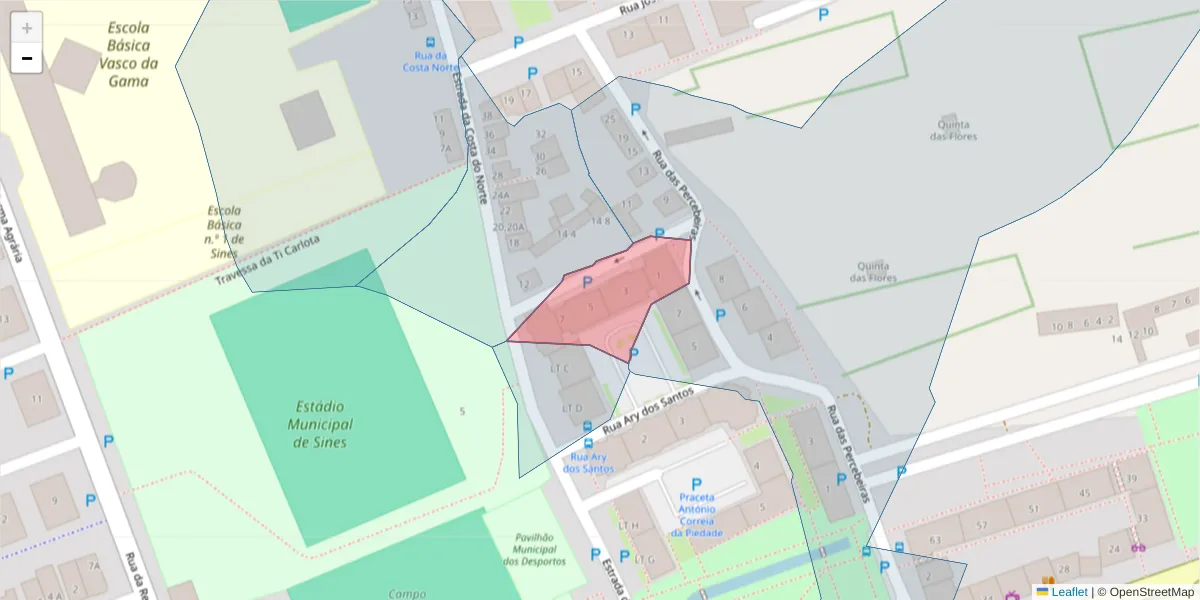 Mapa detalhado do código postal 7520-221 com limites, códigos postais vizinhos e agências dos correios