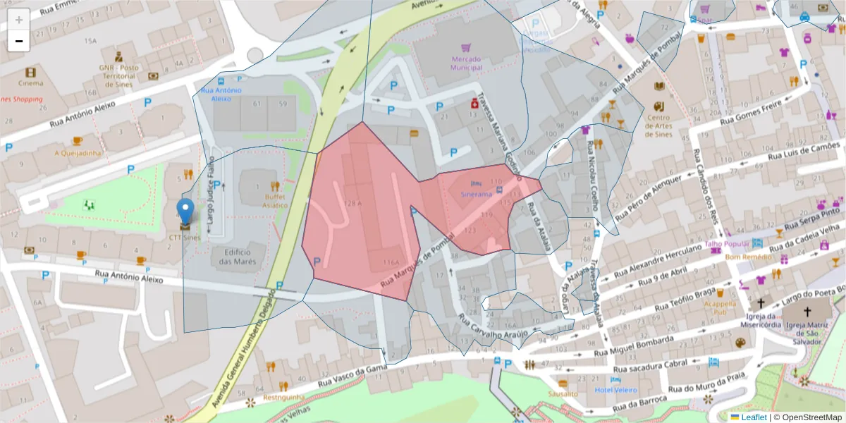 Mapa detalhado do código postal 7520-227 com limites, códigos postais vizinhos e agências dos correios