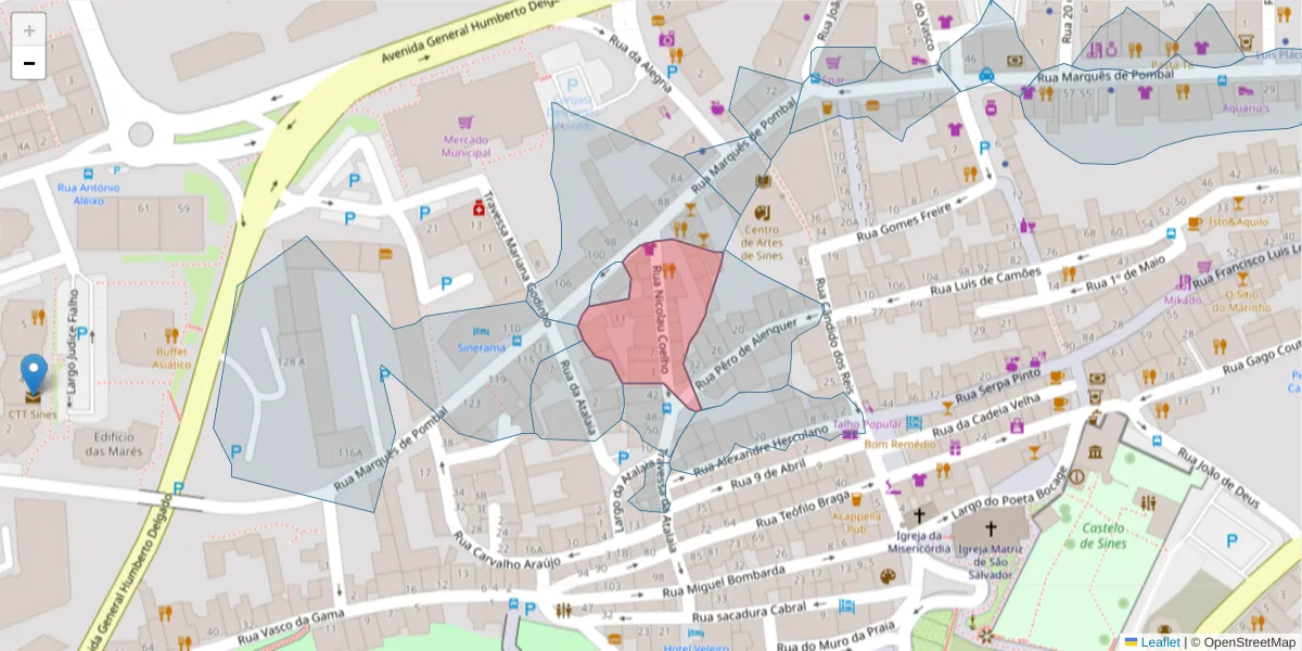 Mapa detalhado do código postal 7520-229 com limites, códigos postais vizinhos e agências dos correios