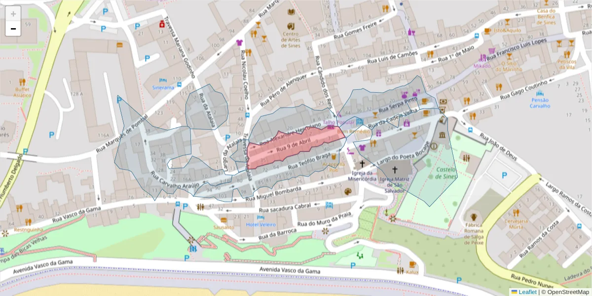 Mapa detalhado do código postal 7520-230 com limites, códigos postais vizinhos e agências dos correios