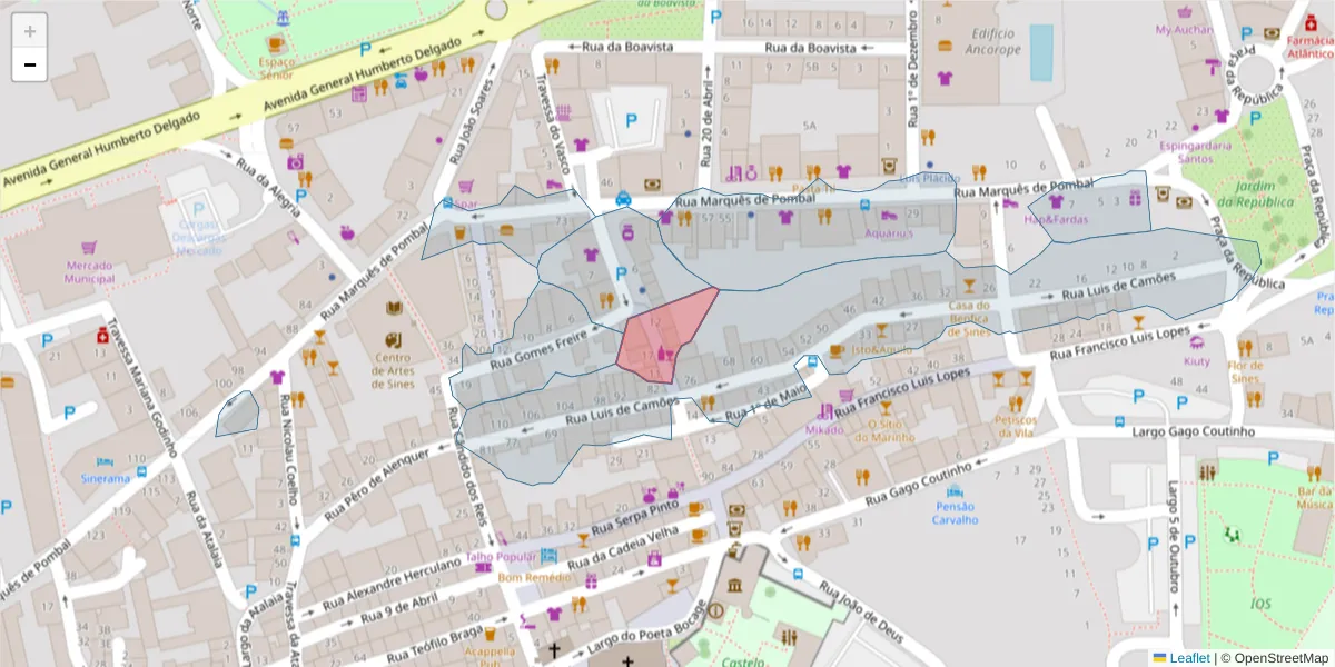 Mapa detalhado do código postal 7520-231 com limites, códigos postais vizinhos e agências dos correios
