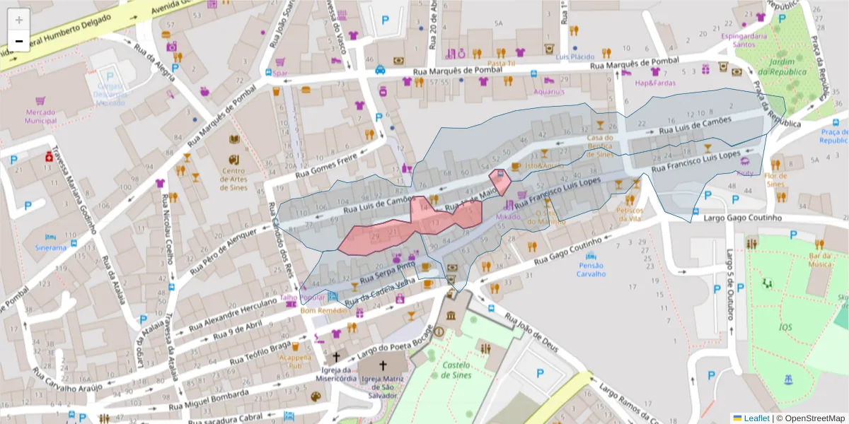Mapa detalhado do código postal 7520-236 com limites, códigos postais vizinhos e agências dos correios