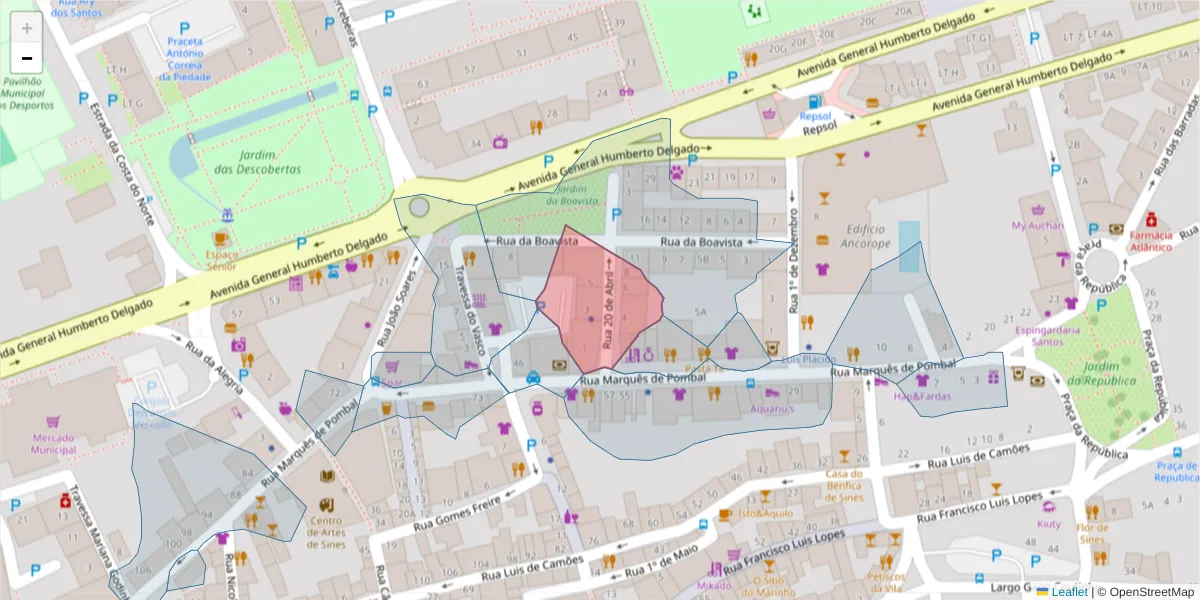 Mapa detalhado do código postal 7520-245 com limites, códigos postais vizinhos e agências dos correios