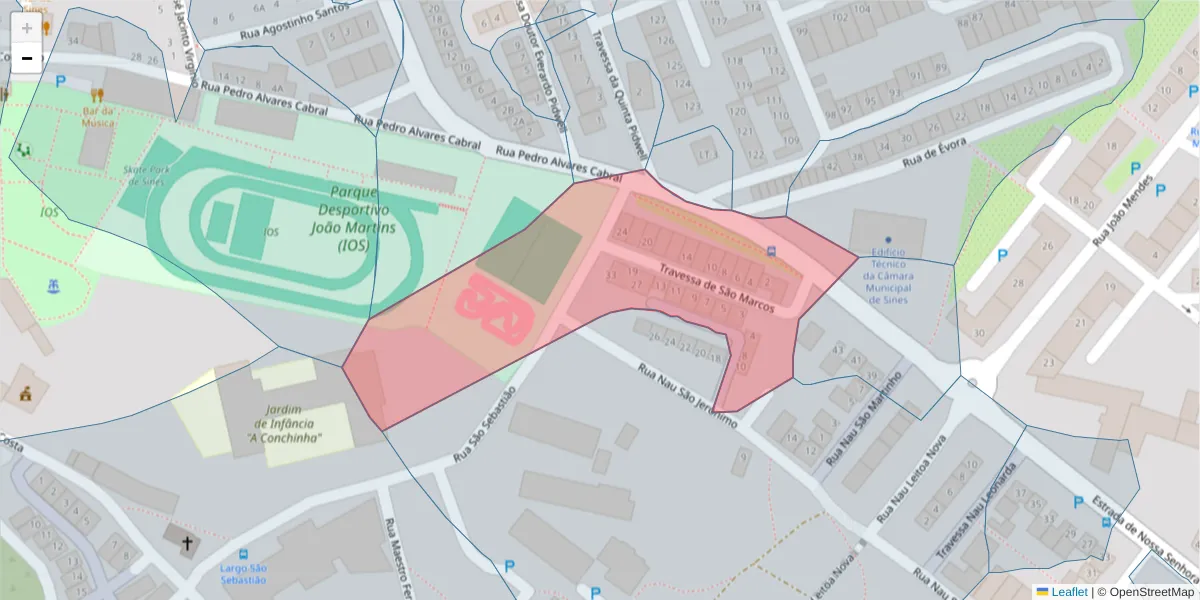 Mapa detalhado do código postal 7520-253 com limites, códigos postais vizinhos e agências dos correios