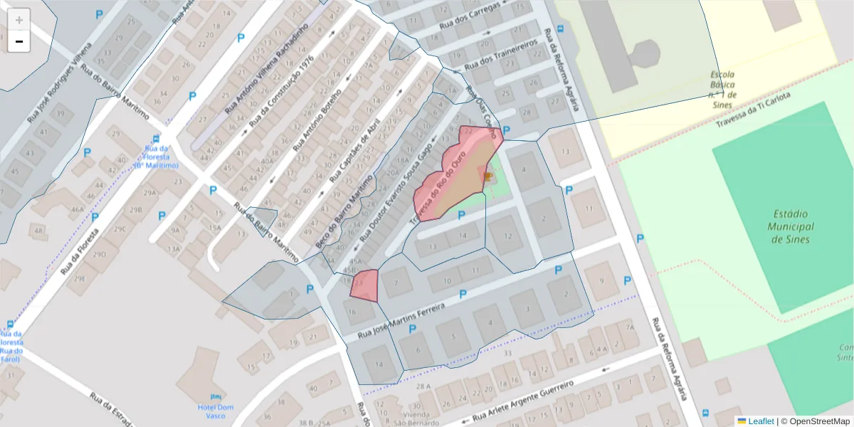 Mapa detalhado do código postal 7520-258 com limites, códigos postais vizinhos e agências dos correios