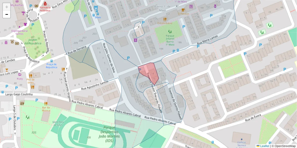 Mapa detalhado do código postal 7520-260 com limites, códigos postais vizinhos e agências dos correios