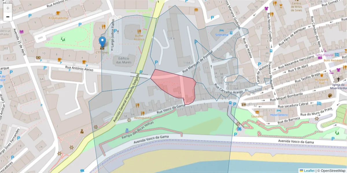 Mapa detalhado do código postal 7520-263 com limites, códigos postais vizinhos e agências dos correios