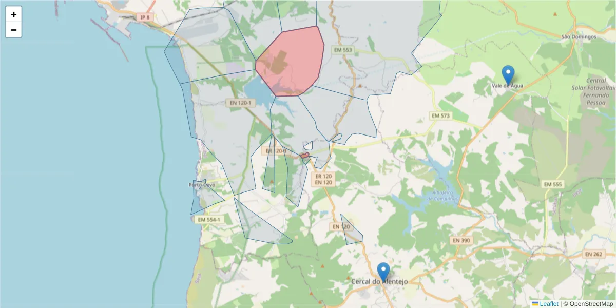 Mapa detalhado do código postal 7520-301 com limites, códigos postais vizinhos e agências dos correios
