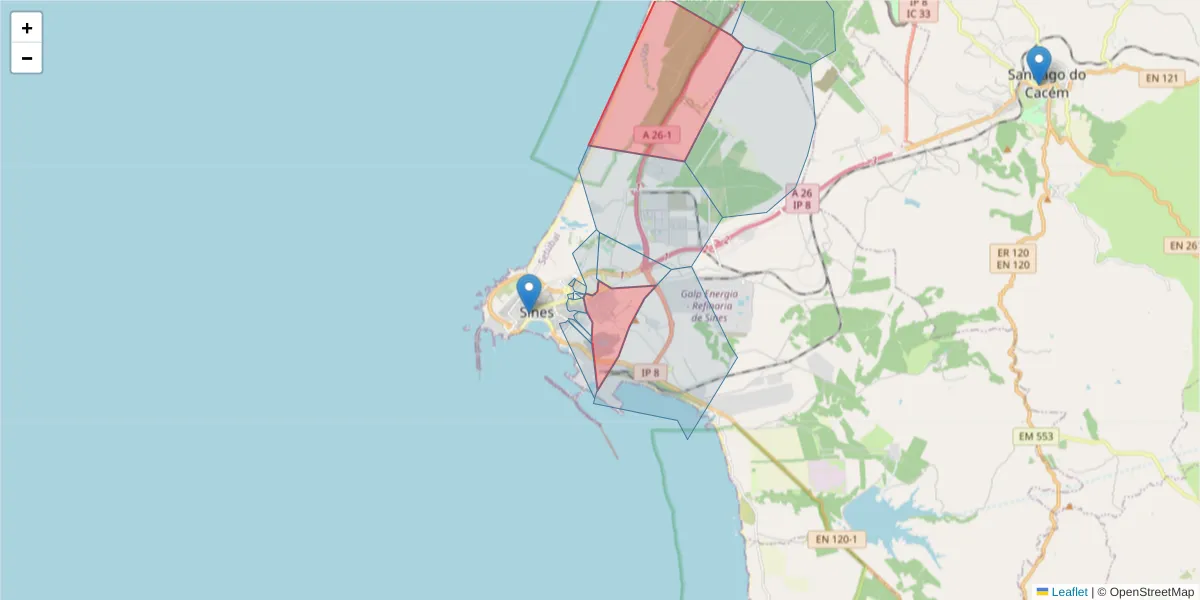 Mapa detalhado do código postal 7520-309 com limites, códigos postais vizinhos e agências dos correios