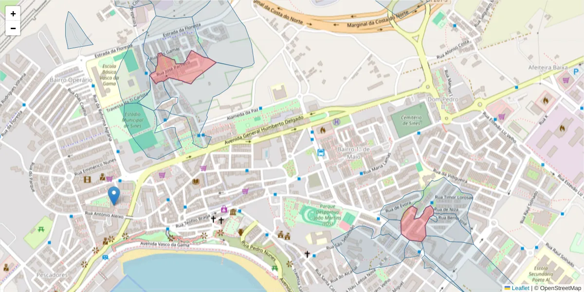 Mapa detalhado do código postal 7520-312 com limites, códigos postais vizinhos e agências dos correios