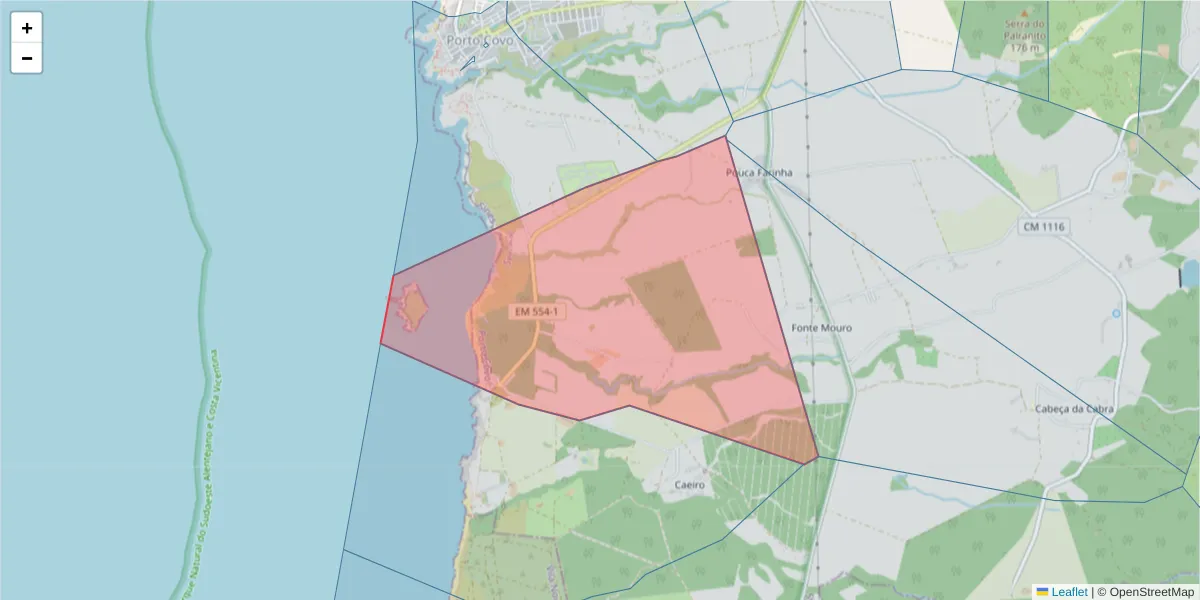 Mapa detalhado do código postal 7520-421 com limites, códigos postais vizinhos e agências dos correios