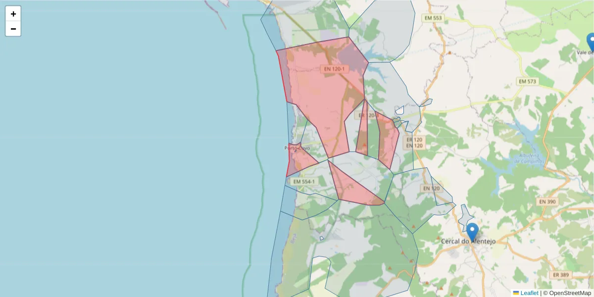 Mapa detalhado do código postal 7520-437 com limites, códigos postais vizinhos e agências dos correios