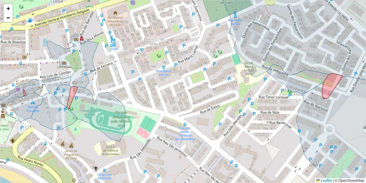 Mapa detalhado do código postal 7520 com limites, códigos postais vizinhos e agências dos correios