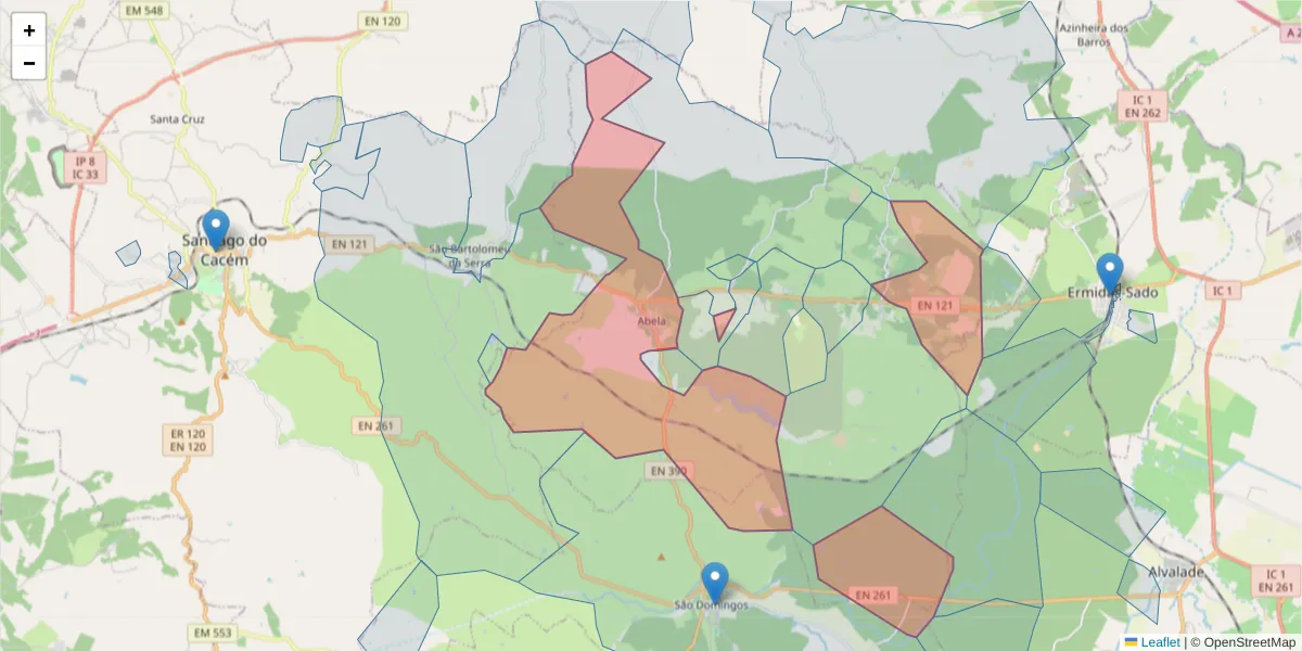 Mapa detalhado do código postal 7540-011 com limites, códigos postais vizinhos e agências dos correios