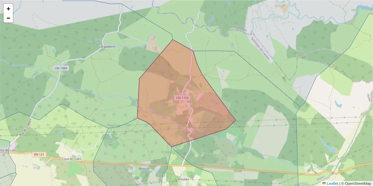 Mapa detalhado do código postal 7540-022 com limites, códigos postais vizinhos e agências dos correios