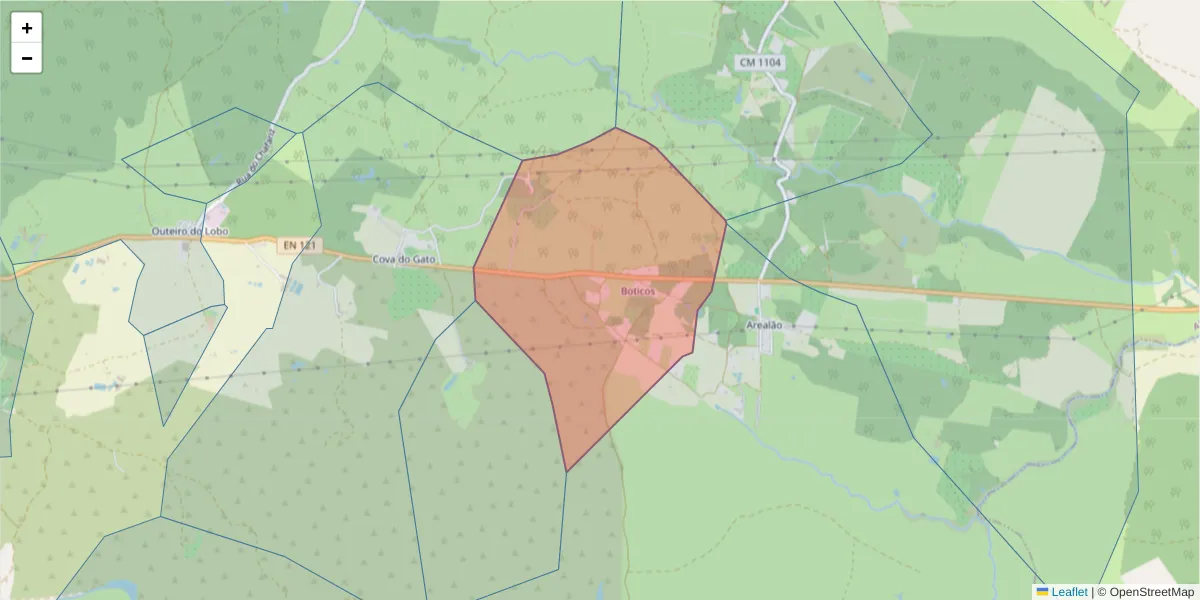 Mapa detalhado do código postal 7540-030 com limites, códigos postais vizinhos e agências dos correios