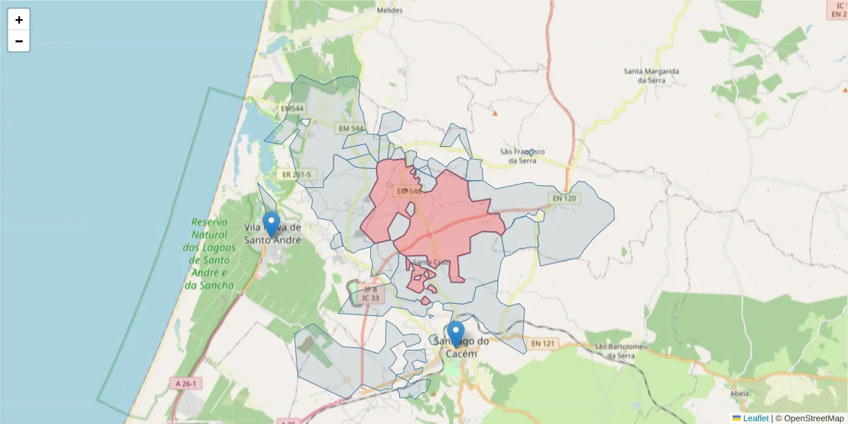 Mapa detalhado do código postal 7540-055 com limites, códigos postais vizinhos e agências dos correios