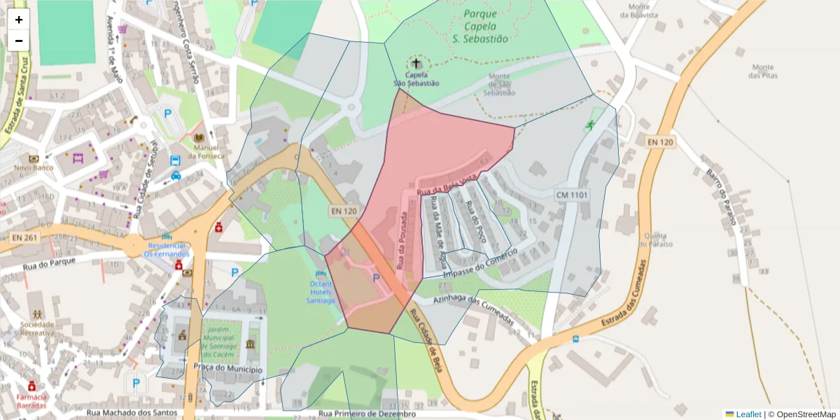 Mapa detalhado do código postal 7540-160 com limites, códigos postais vizinhos e agências dos correios