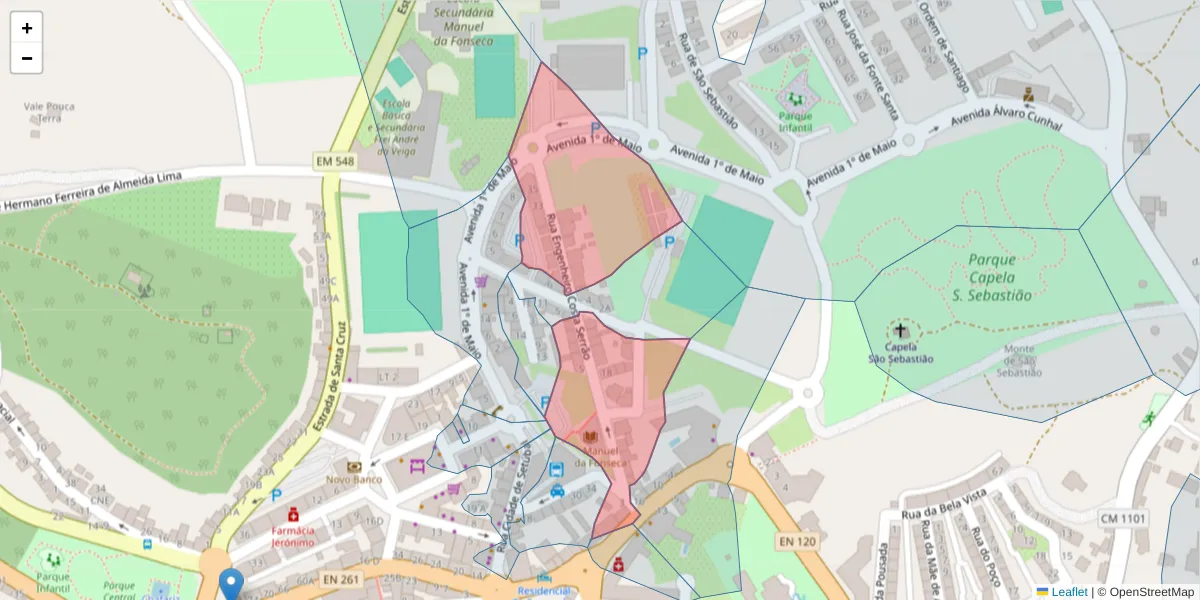 Mapa detalhado do código postal 7540-185 com limites, códigos postais vizinhos e agências dos correios