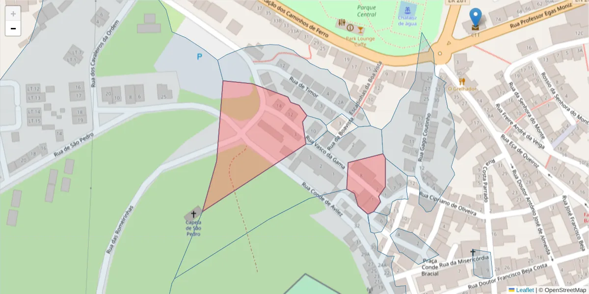 Mapa detalhado do código postal 7540-207 com limites, códigos postais vizinhos e agências dos correios