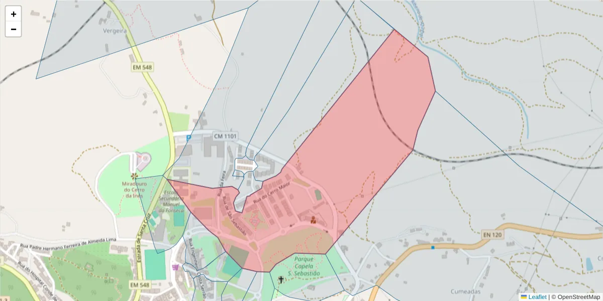 Mapa detalhado do código postal 7540-223 com limites, códigos postais vizinhos e agências dos correios