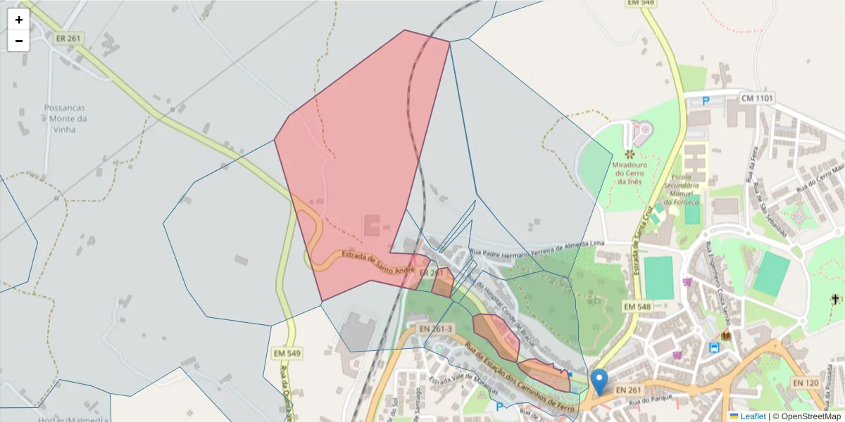 Mapa detalhado do código postal 7540-225 com limites, códigos postais vizinhos e agências dos correios