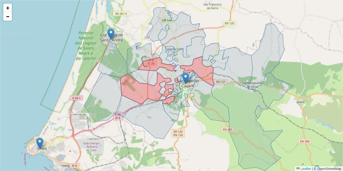 Mapa detalhado do código postal 7540-230 com limites, códigos postais vizinhos e agências dos correios