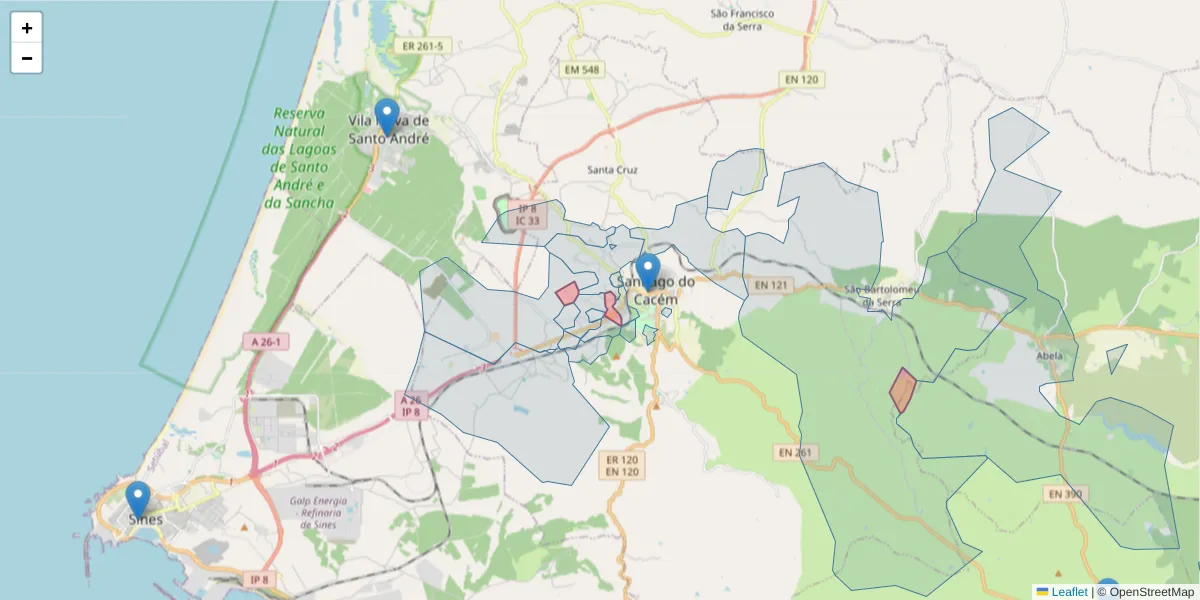 Mapa detalhado do código postal 7540-235 com limites, códigos postais vizinhos e agências dos correios