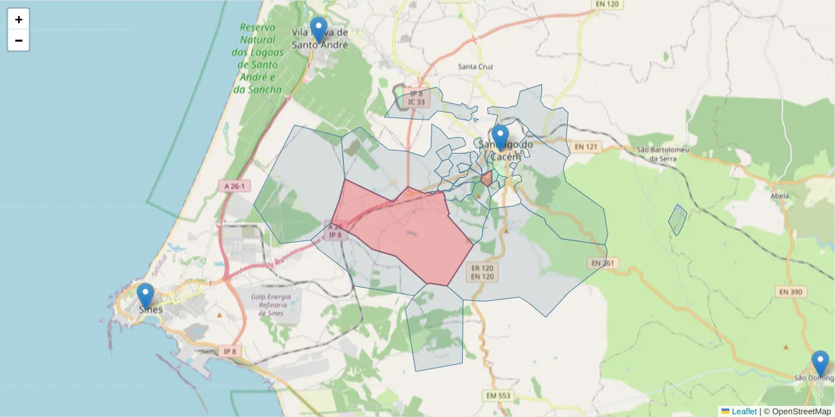 Mapa detalhado do código postal 7540-240 com limites, códigos postais vizinhos e agências dos correios