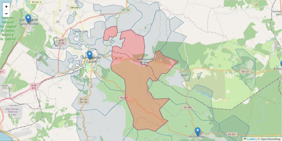 Mapa detalhado do código postal 7540-300 com limites, códigos postais vizinhos e agências dos correios