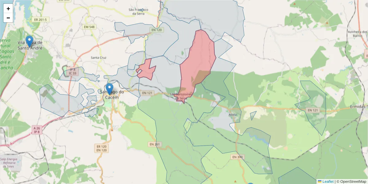 Mapa detalhado do código postal 7540-321 com limites, códigos postais vizinhos e agências dos correios
