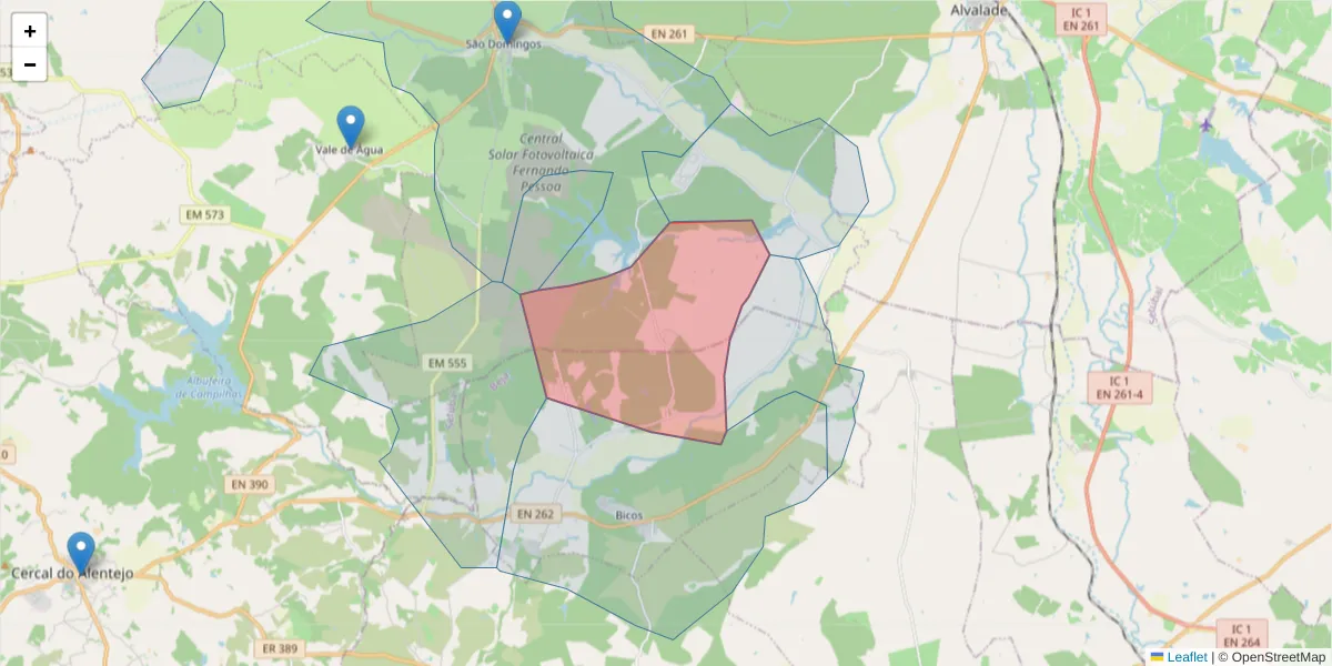 Mapa detalhado do código postal 7540-402 com limites, códigos postais vizinhos e agências dos correios