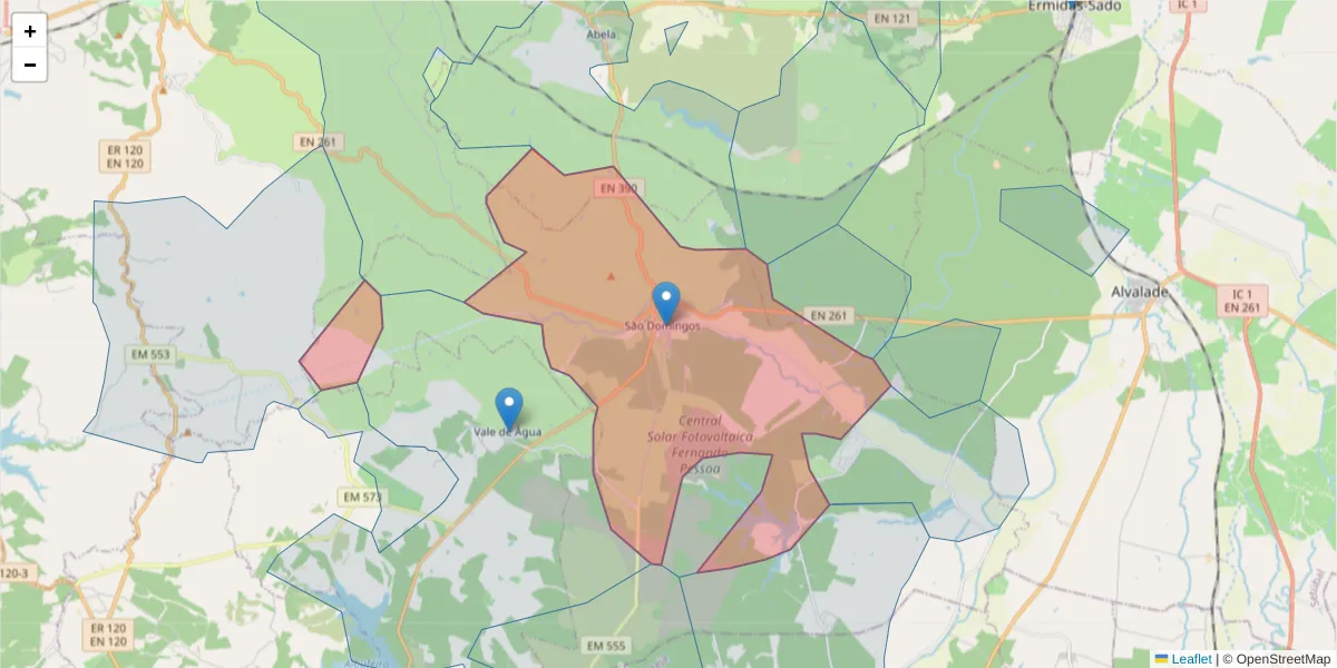 Mapa detalhado do código postal 7540-415 com limites, códigos postais vizinhos e agências dos correios