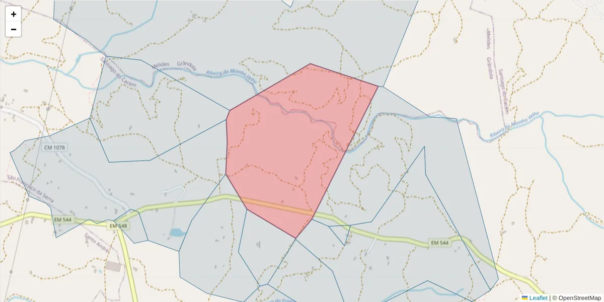Mapa detalhado do código postal 7540-501 com limites, códigos postais vizinhos e agências dos correios