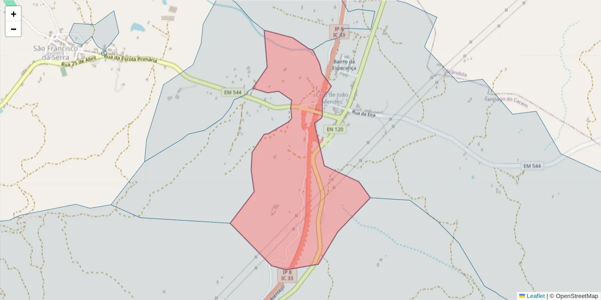 Mapa detalhado do código postal 7540-507 com limites, códigos postais vizinhos e agências dos correios