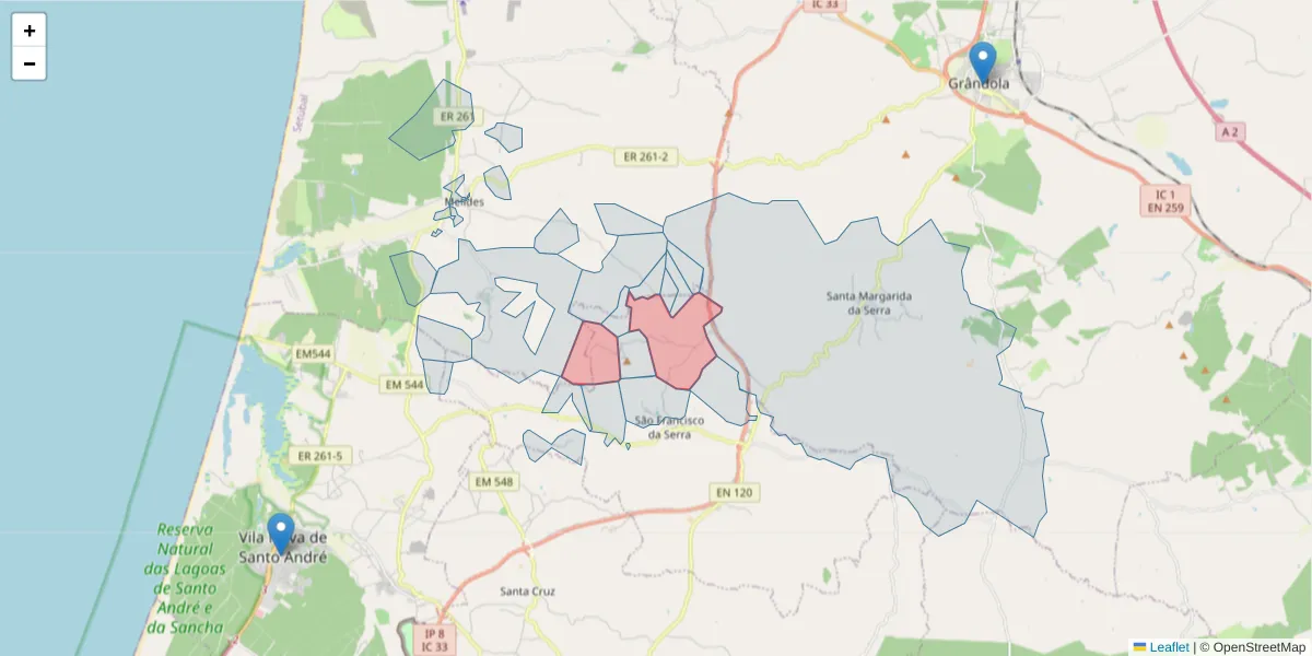 Mapa detalhado do código postal 7540-508 com limites, códigos postais vizinhos e agências dos correios