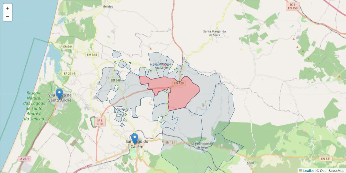 Mapa detalhado do código postal 7540-515 com limites, códigos postais vizinhos e agências dos correios