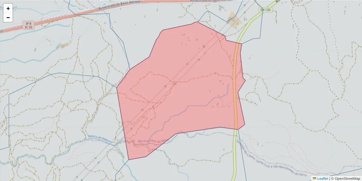 Mapa detalhado do código postal 7540-518 com limites, códigos postais vizinhos e agências dos correios
