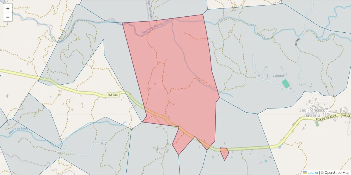Mapa detalhado do código postal 7540-521 com limites, códigos postais vizinhos e agências dos correios