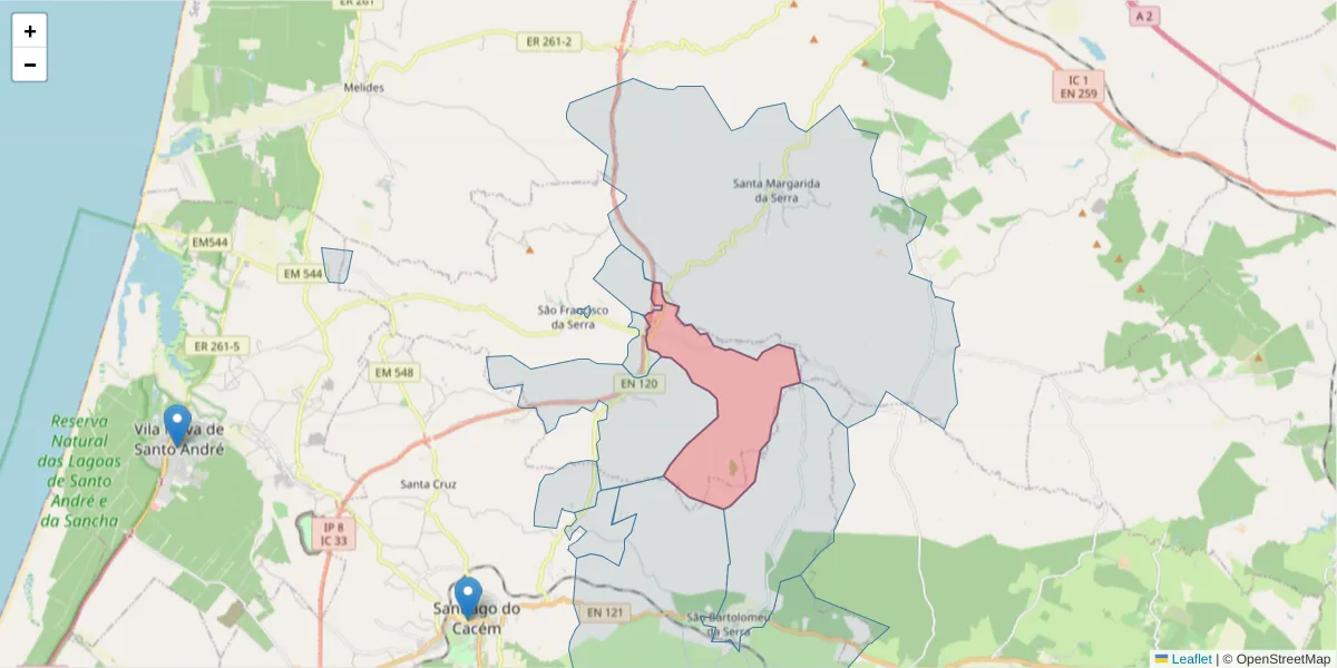 Mapa detalhado do código postal 7540-551 com limites, códigos postais vizinhos e agências dos correios