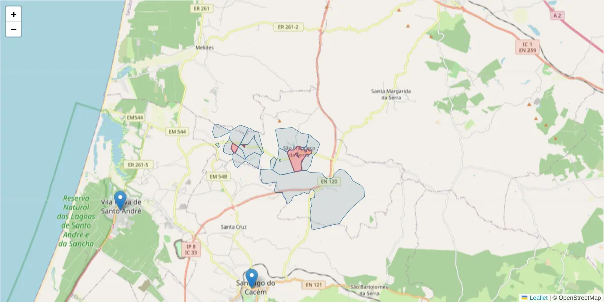 Mapa detalhado do código postal 7540-555 com limites, códigos postais vizinhos e agências dos correios