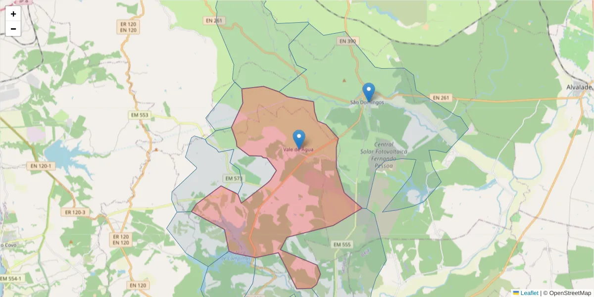 Mapa detalhado do código postal 7540-610 com limites, códigos postais vizinhos e agências dos correios