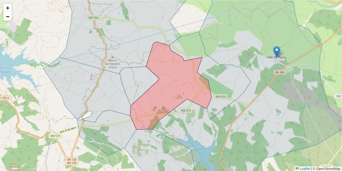 Mapa detalhado do código postal 7540-650 com limites, códigos postais vizinhos e agências dos correios