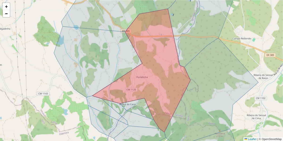 Mapa detalhado do código postal 7555-012 com limites, códigos postais vizinhos e agências dos correios