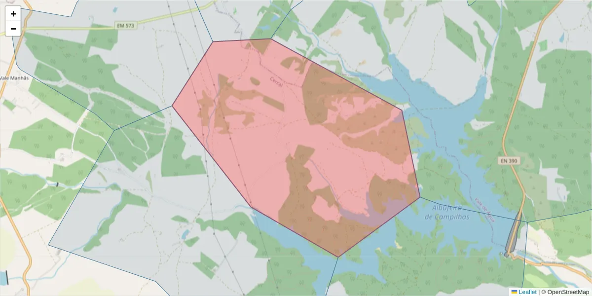 Mapa detalhado do código postal 7555-014 com limites, códigos postais vizinhos e agências dos correios