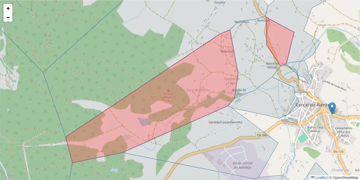 Mapa detalhado do código postal 7555-019 com limites, códigos postais vizinhos e agências dos correios